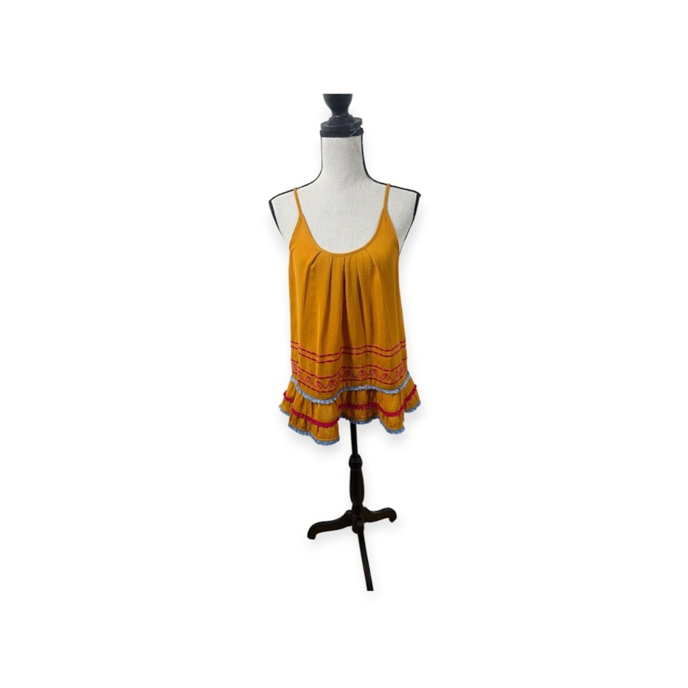 THML Tank Top Women S Mustard Yellow Embroidered Ruffle Fringe Boho JH828-MS